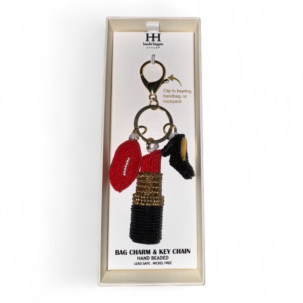 Haute Hippie Style Beaded Lipstick Kiss High Heel Bag Charm‎ Keychain